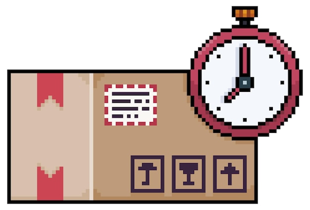 Pixel art order in cardboard box with clock icon, express delivery vector icon for 8bit game