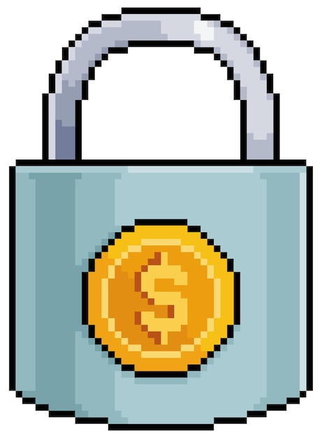 Pixel art padlock with coin Safe investment vector icon for 8bit game on white background