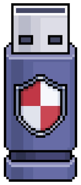 Chiavetta pixel art con scudo, icona vettore dispositivo sicuro per gioco a 8 bit su sfondo bianco
