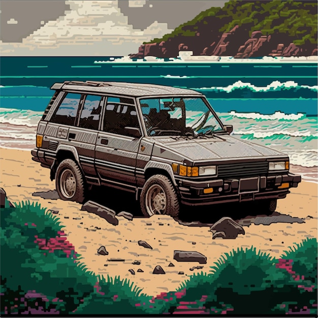 A pixel art picture of a car on the beach with the words toyota on the front.