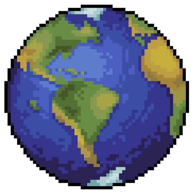 Pixel art pianeta terra per gioco di bit su sfondo bianco