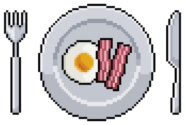 Vector pixel art plate with fried eggs and bacon vector icon for 8bit game on white background