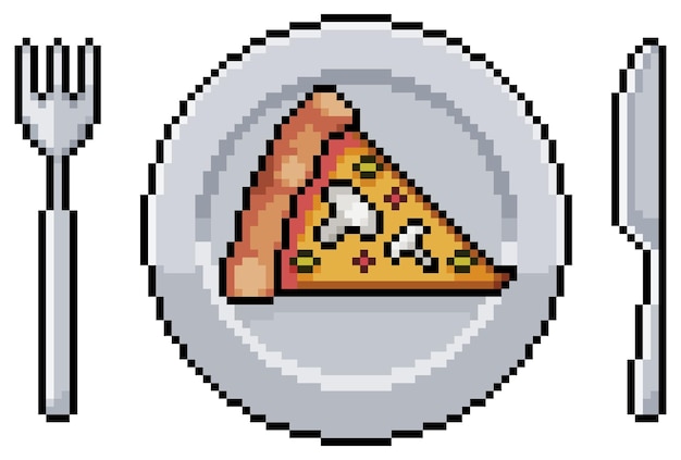 Pixel art plate with mushroom pizza vector icon for 8bit game on white background