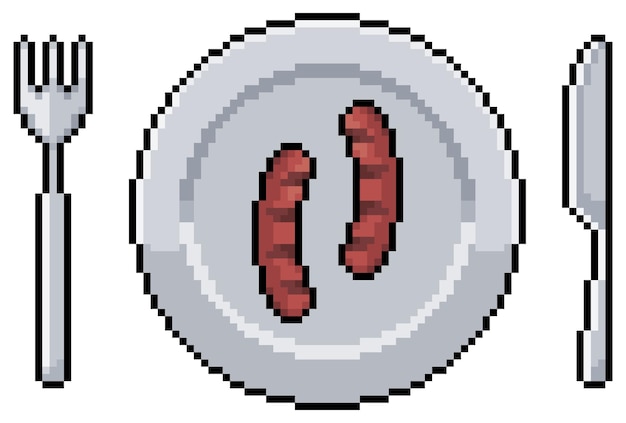 Vector pixel art plate with sausage and cutlery vector icon for 8bit game on white background