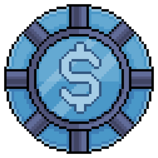Icona vettoriale pixel art poker chip per gioco a 8 bit su sfondo bianco