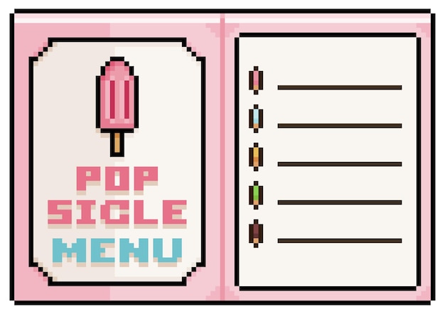 Menu popsicle pixel art, icona vettoriale del menu carta aperta per il gioco a 8 bit su sfondo bianco