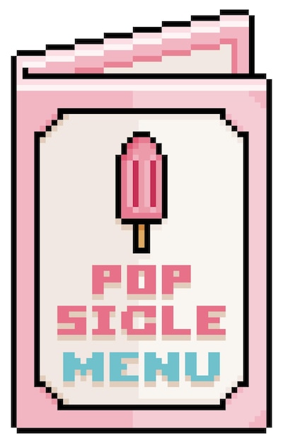 Menu popsicle pixel art, icona vettoriale menu carta per gioco a 8 bit su sfondo bianco