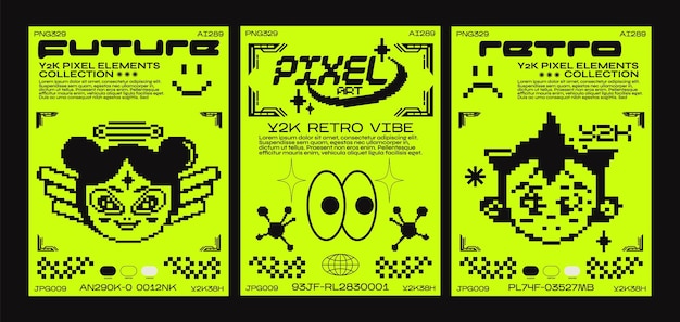 Vector pixel art poster y2k trendy elements acid set of abstract geometric design elements with retro