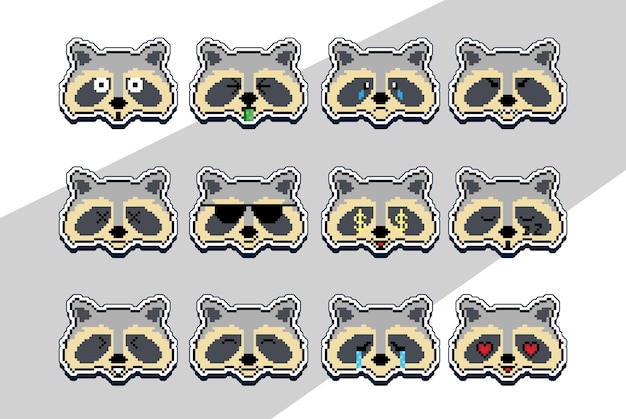 Vector pixel art raccoon face emoji sticker pixel sticker design