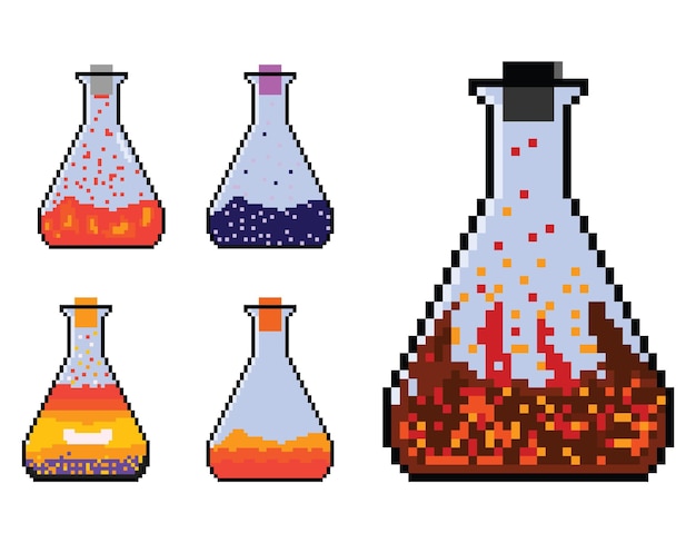 Pixel art reageerbuis, wetenschap laboratorium glaswerk pixel set.