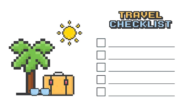 Vector pixel art reis verpakkingslijst planning checklist voor vakantie en toerisme