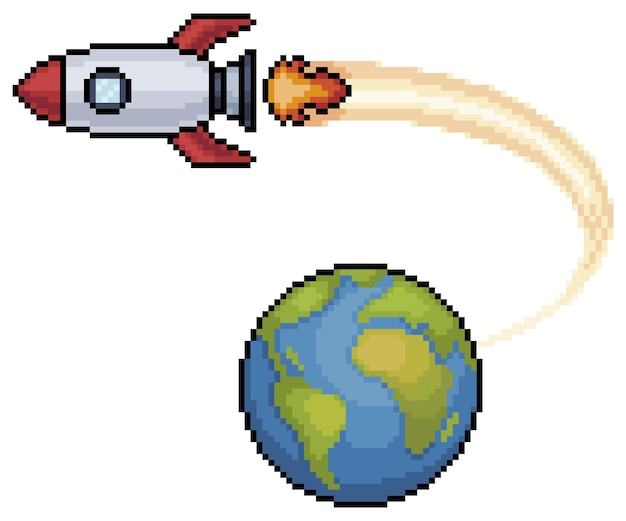 Pixel art rocket taking off from earth, rocket flying vector icon for 8bit game on white background