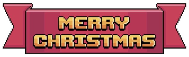 Pixel art rood lint met vrolijk kerstfeest, gouden merry christmas vector icoon voor 8bit game