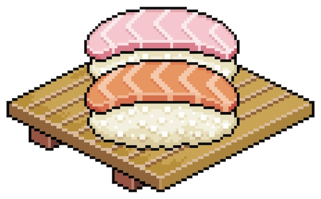 Vector pixel art sake nigiri tai nigiri op houten sushi board vector icoon voor 8bit game op witte achtergrond