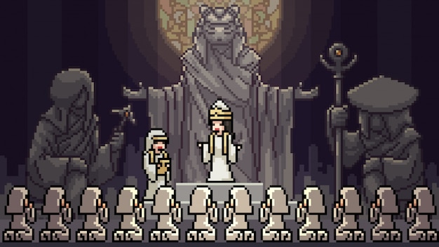 Pixel art scene cult meeting