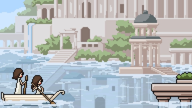 Vettore la scena di pixel art ha inondato la città antica