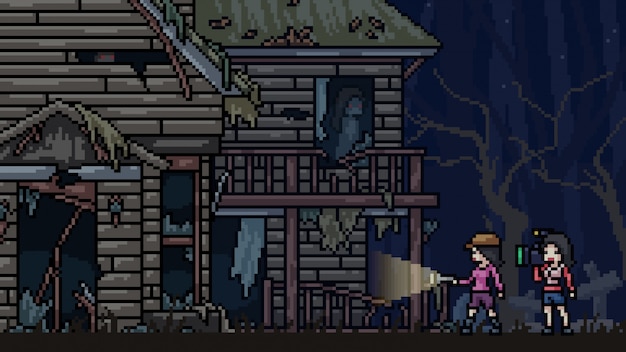 Vector pixel art scene haunt house explorer