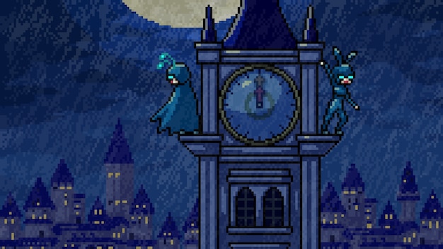 Vector pixel art scene midnight heroes
