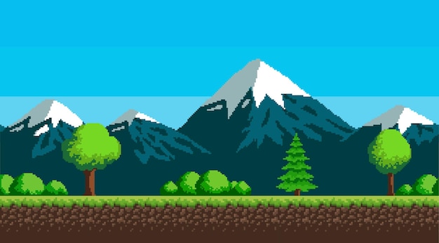 Pixel art sfondo senza soluzione di continuità con montagne erba e nuvole un paesaggio per un gioco o un programma vector eps 10