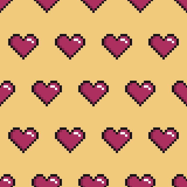 Vector pixel art seamless pattern with magenta hearts on a yellow background