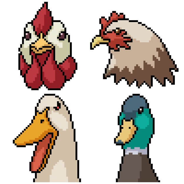 Vector pixel art set chicken duck