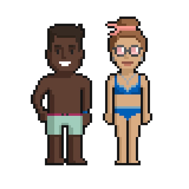 Vector pixel art set of cute boy and girl on the beach in summer on a white background