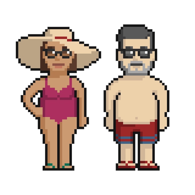 Vector pixel art set of cute man and woman on the beach in summer on a white background