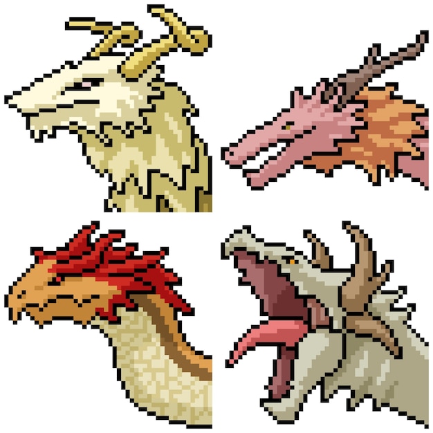 Vector pixel art set dragon portrait