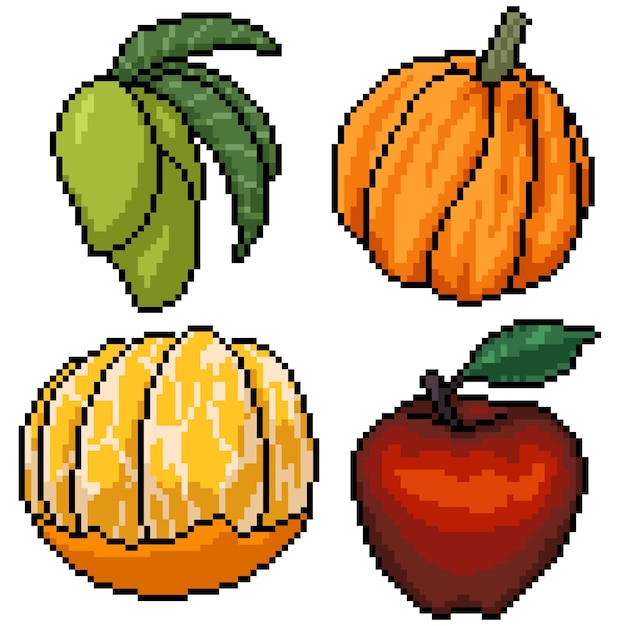 Pixel art set geïsoleerd fruit dessert