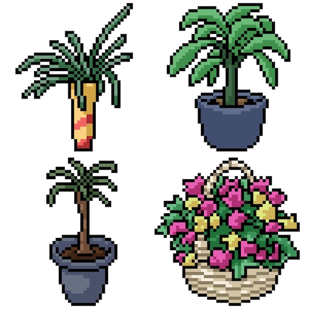 Pixel art set geïsoleerde decoratie plant