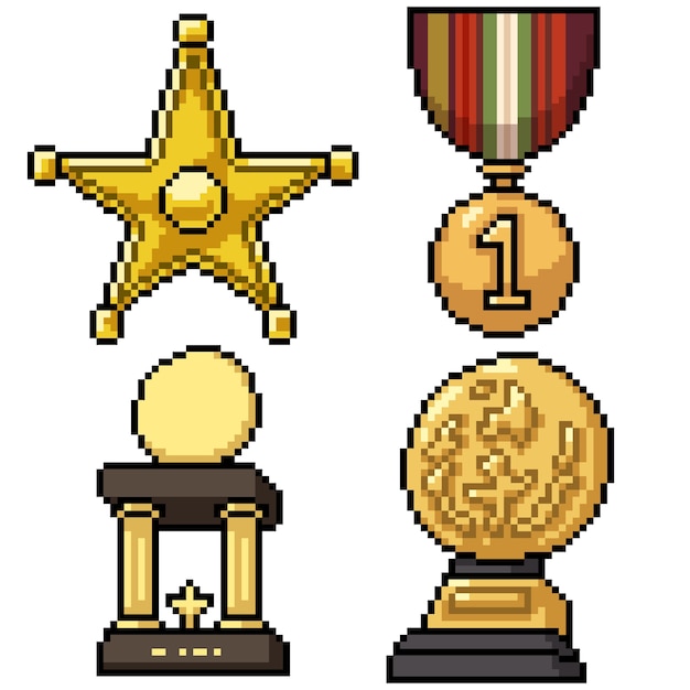 Pixel art set geïsoleerde gouden trofee