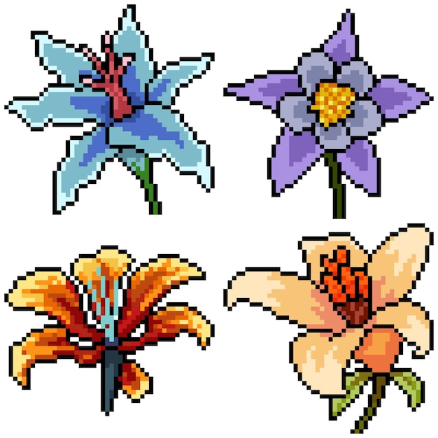 Pixel art set geïsoleerde mooie bloem