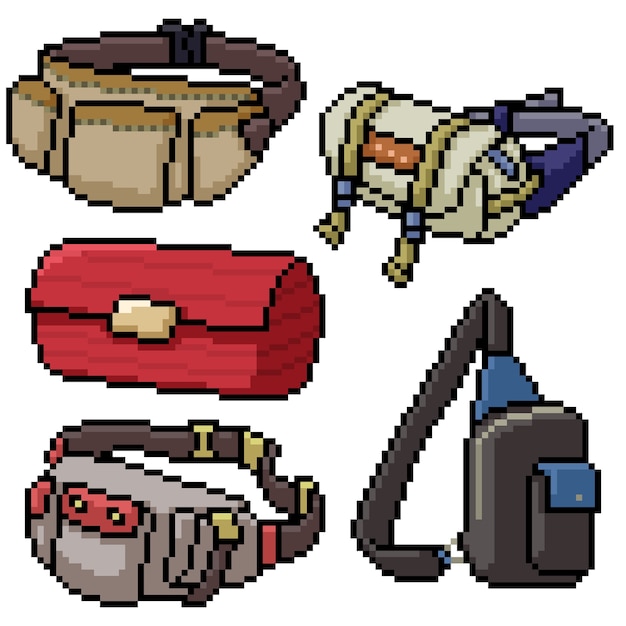 Pixel art set geïsoleerde tas mode