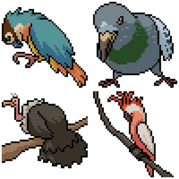 Pixel art set geïsoleerde wilde vogels