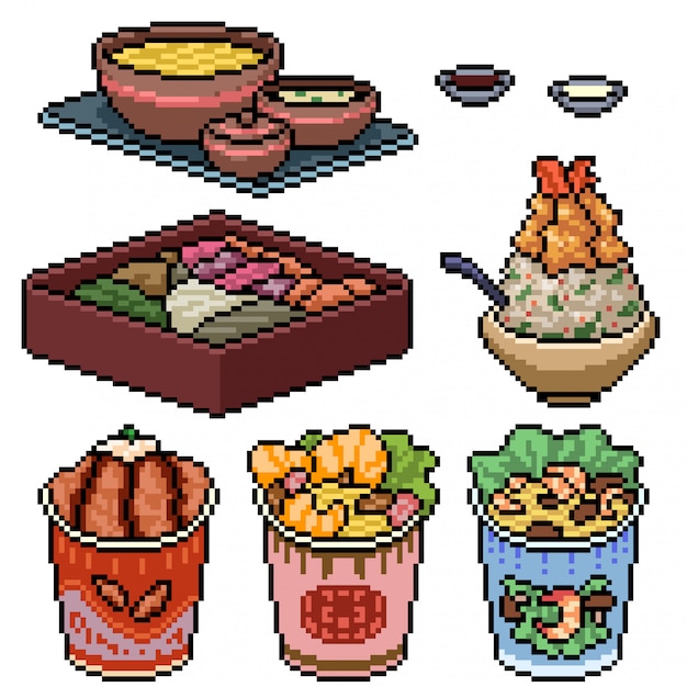 Pixel art set isolated asian fast food