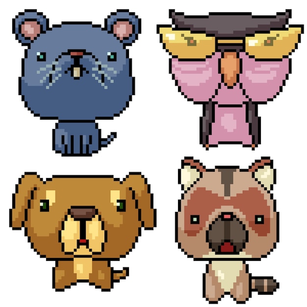 Pixel art set isolated big head animal