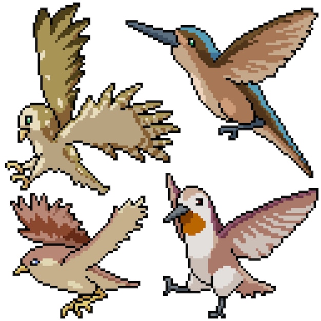 Vector pixel art set isolated bird flying