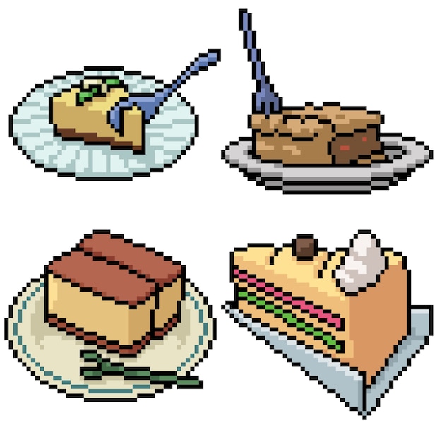 Pixel art set isolated cake dessert