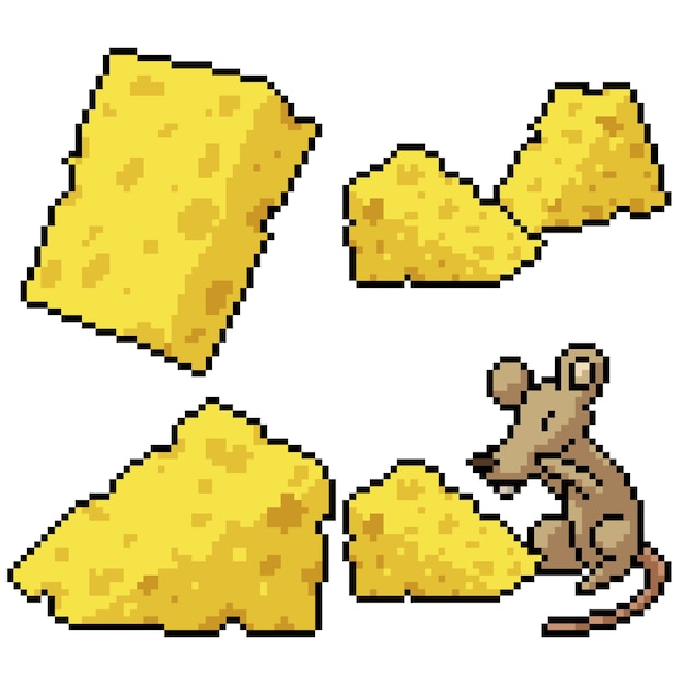 Pixel art set isolated cheese rat