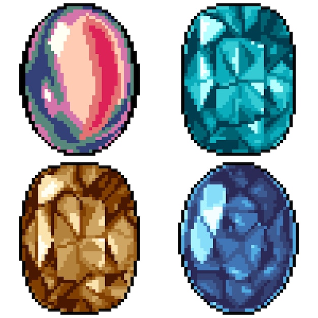 Vector pixel art set isolated colorful gemstone