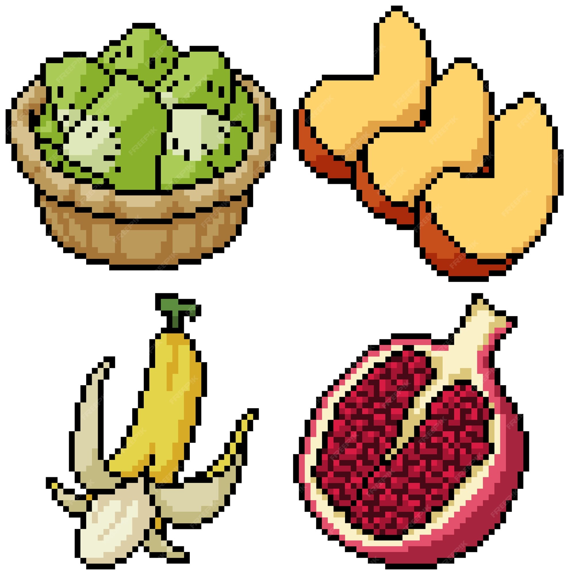 A set of isolated fruits in Pixel Art.