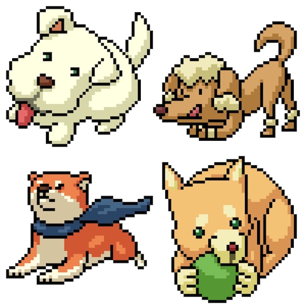 Pixel art set isolated funny dog