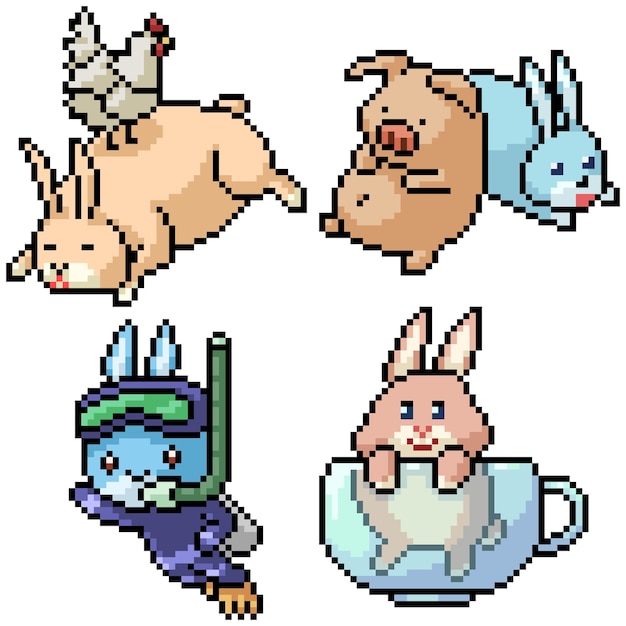 Pixel art set isolated funny rabbit friend