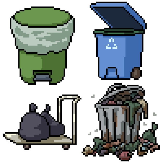 Pixel art set isolated garbage bin