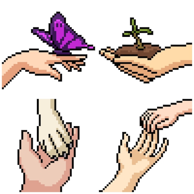 Pixel art set isolated hand caring emotion