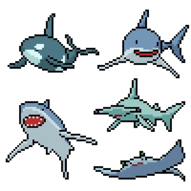 Pixel art set isolated ocean fish