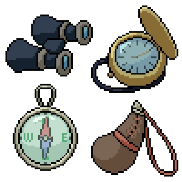 Pixel art set isolated old travel tool