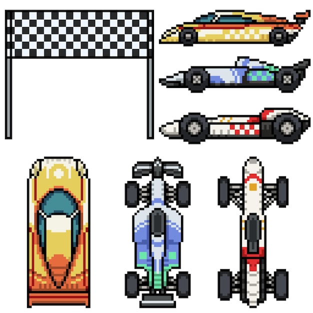 Pixel art set di auto da corsa isolata