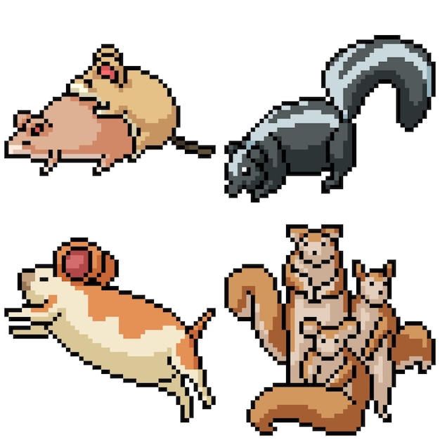 Pixel art set isolated rodent animal