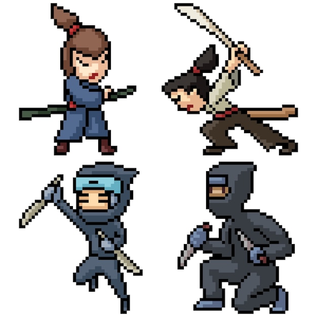 Pixel art set isolated samurai ninja